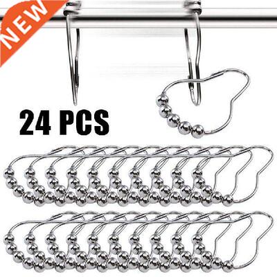 24pcs Stainless Steel Curtain Hooks Bath Rollerball Shower