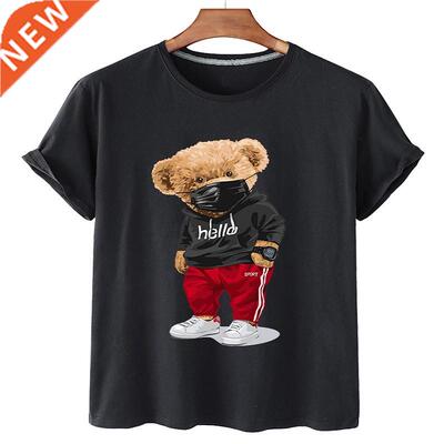 100% Cotton Sports Mask Bear Print Short-sleeved T-shirt Fem