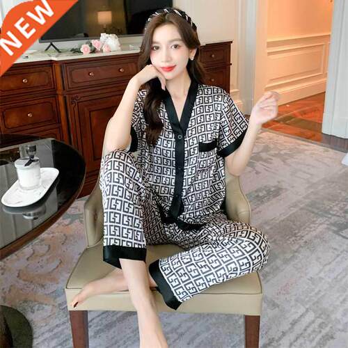 M-5XL Plus Size Luxury Silk Pajamas for Women Summer V Ne