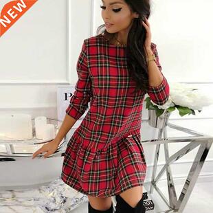 2020 Winter Xmas Red Plaid Dress Long Sleeve Scottish Plaid