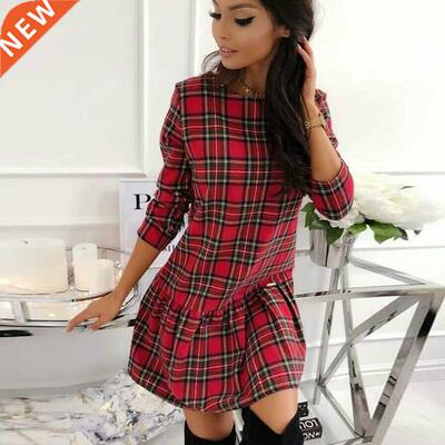 2020 Winter Xmas Red Plaid Dress Long Sleeve Scottish Plaid