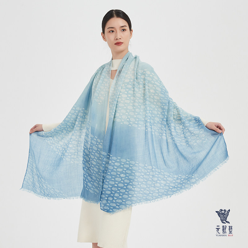 定制丝巾非遗蓝印花布纯手工制作精致围脖送礼高级感礼品羊毛围巾