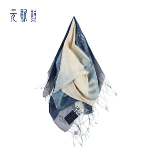 蓝布印花传统植物染色民族围巾天然真丝和棉手工渐变染色围巾女