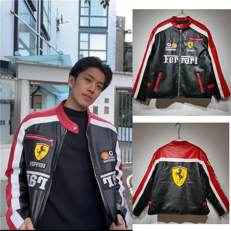 2025新款法拉利图标皮衣夹克哈雷机车骑行服加棉刺绣潮酷外套上衣