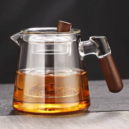新款 可电陶炉加热蒸煮一体高硼硅玻璃茶水分离煮茶壶木把静心壶