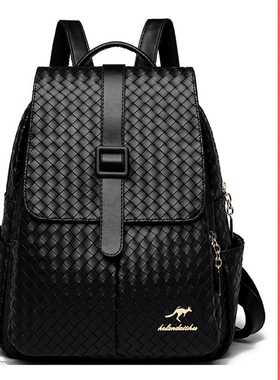 英伦风编织纹双肩包女大容量时尚黑色背包通勤包牛皮小背包书包