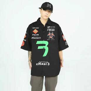 Goiog港风美式休闲复古工装衬衫外套拼色时尚短袖衬衣潮赛车服男