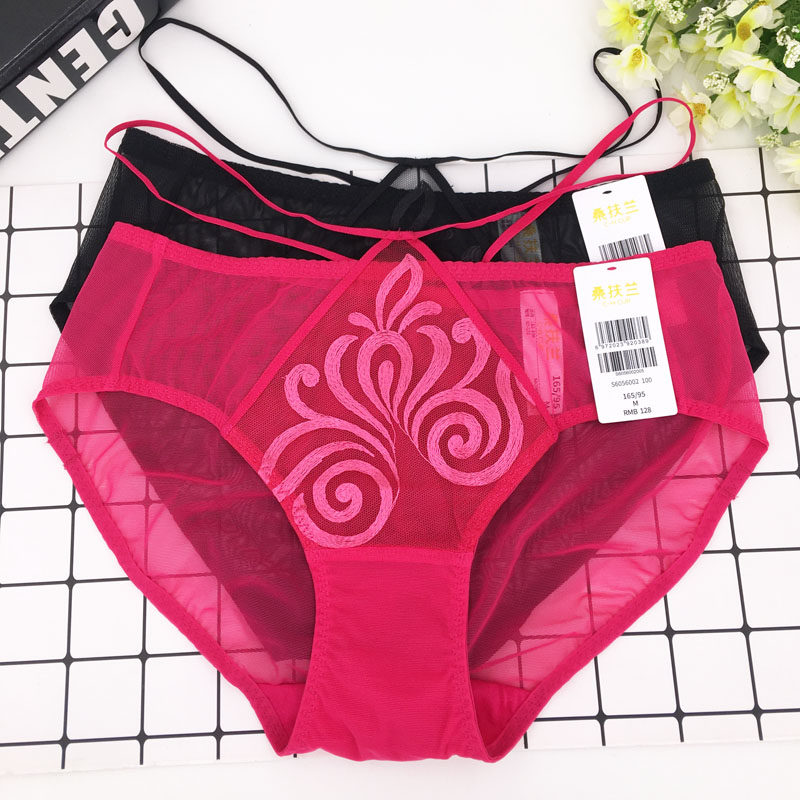 桑扶兰正品大码内裤女胖mm200斤低腰三角裤性感蕾丝透明薄裤头