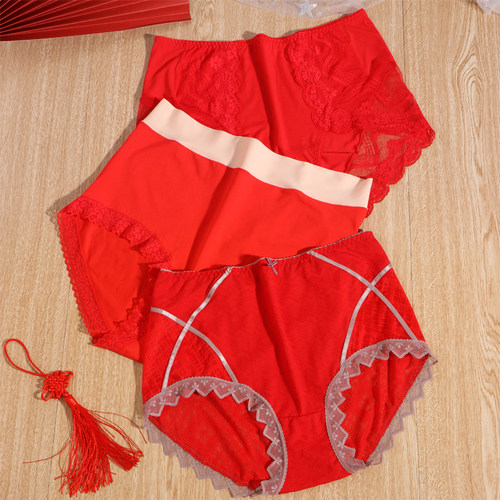 大红色加大码女高腰内裤性感蕾丝