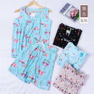 女胖mm250斤无袖 套装 棉质宽松睡衣可爱卡通家居服 背心短裤 加大码
