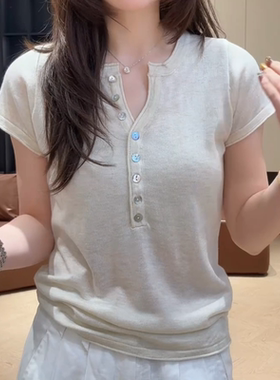 BYBi简约修身显瘦单排扣短袖上衣百搭纯色针织衫上衣LK2510543