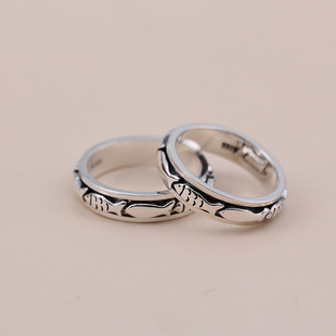 好多鱼转动戒指纯银个性复古旋转可转动食指时尚解压转圈闭口指环