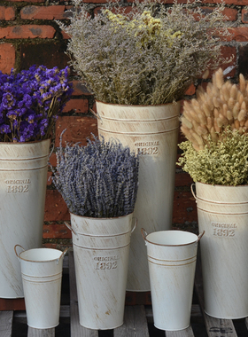 芈阳 落地花桶白色做旧铁桶大号长铁皮桶花店鲜花筒花瓶装饰花器