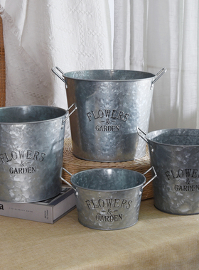 铁桶铁皮桶美式复古做旧铁皮花盆花桶铁艺花器花瓶田园装饰收纳桶