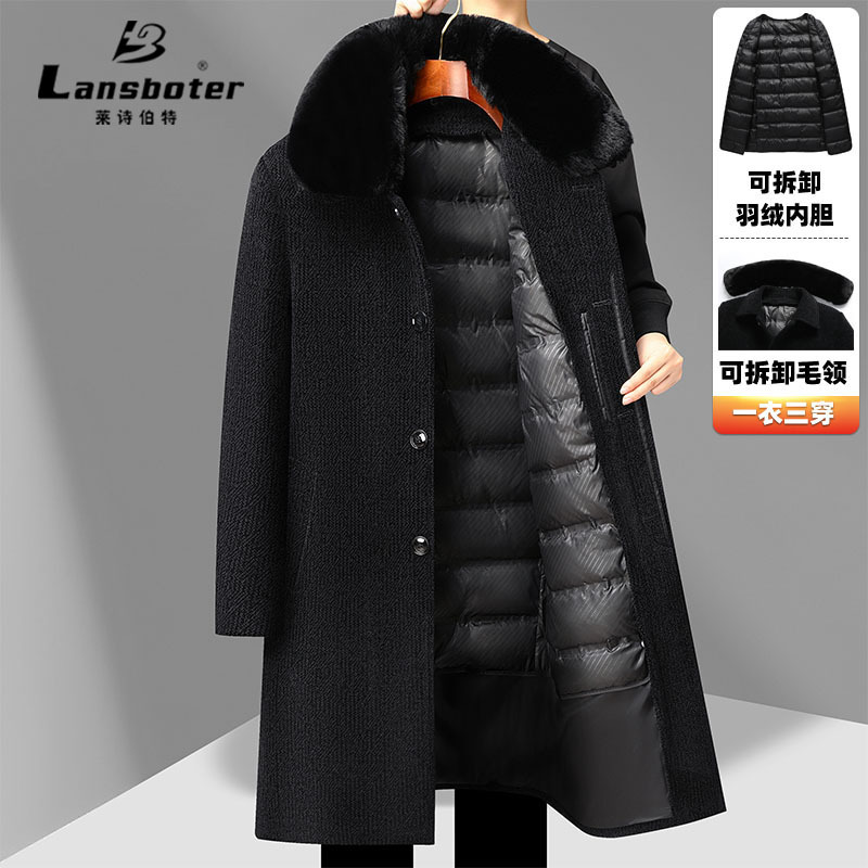 冬季新款长款毛领脱卸羽绒内胆老年毛呢大衣爸爸装雪尼尔羽绒外套