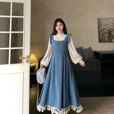 大码女装胖MM蓝色复古牛仔背带连衣裙减龄衬衫流苏长裙两件套