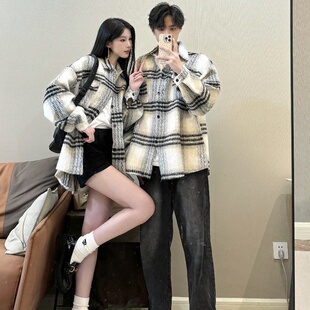 夹克 毛呢绒格纹高级感工装 实拍情侣装 加厚小香风外套冬季