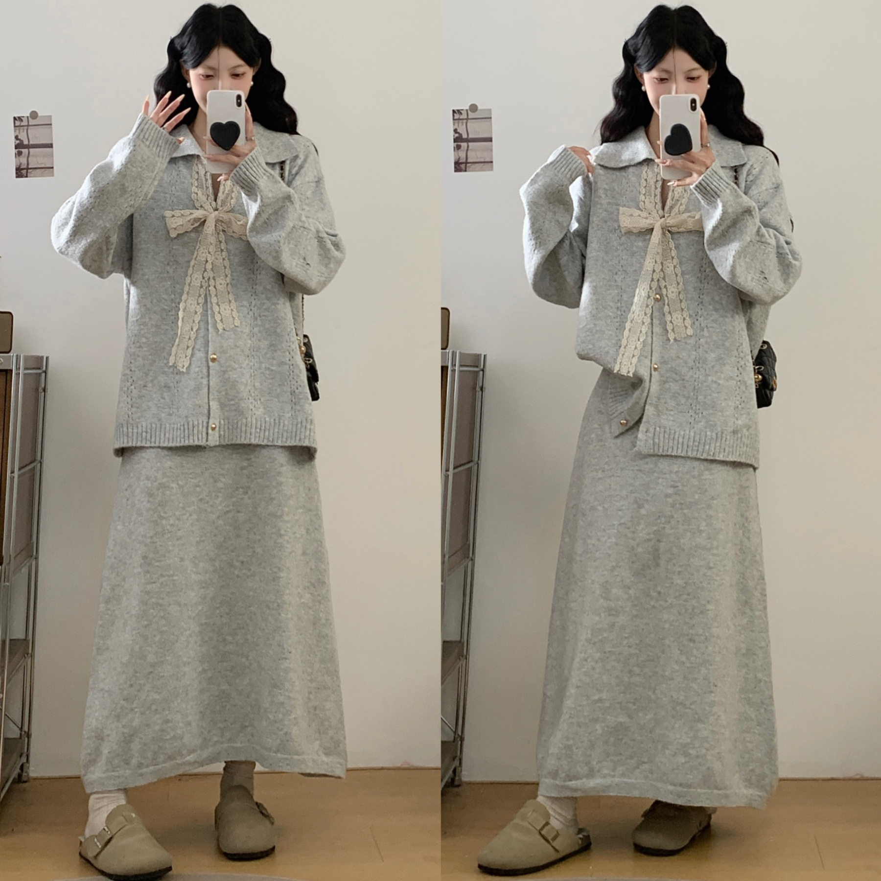 实拍大码2025秋冬新款胖mm韩版蕾丝系带高级感显瘦毛衣针织两套装