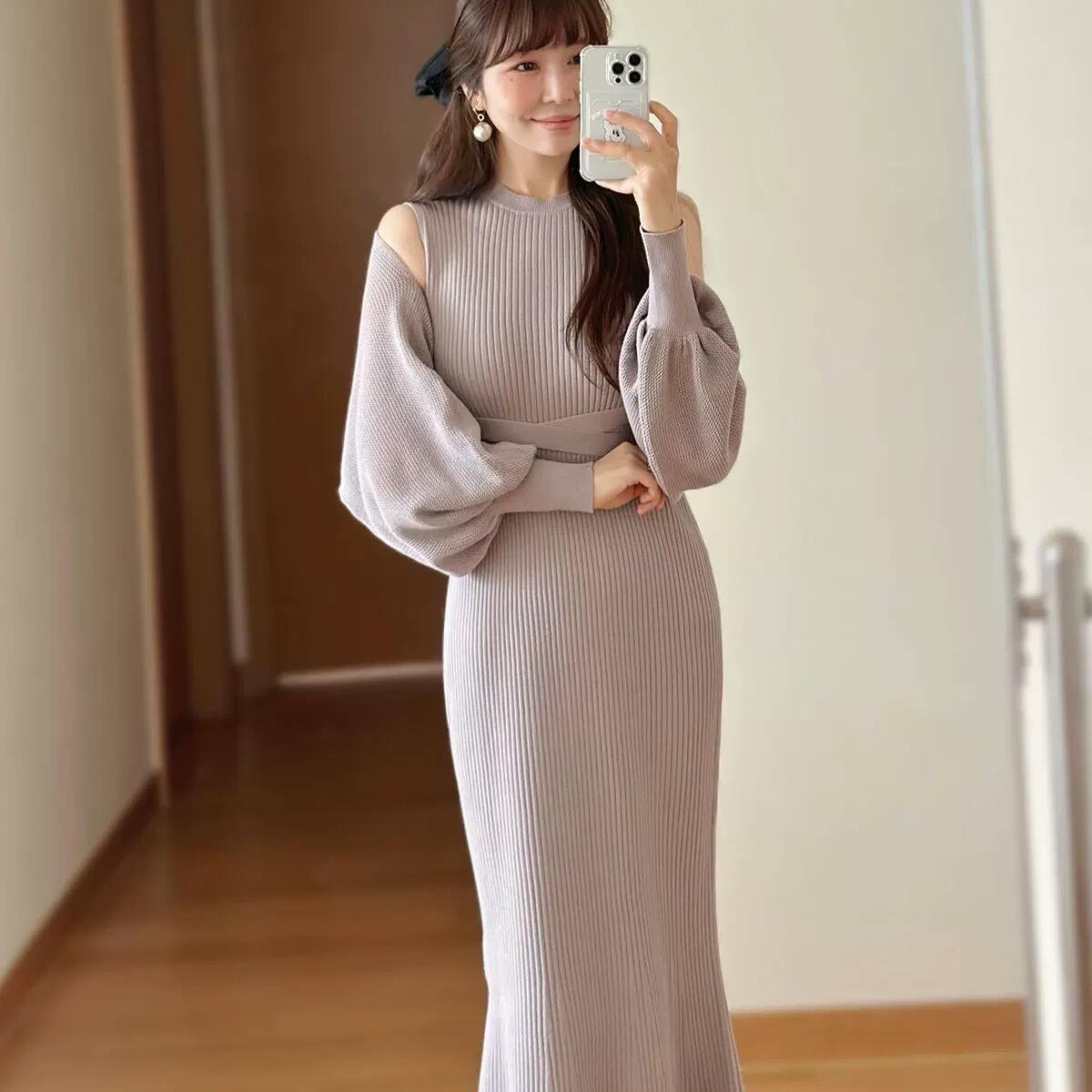 已到货 气质纯欲樱花妹修身罗纹4way针织连衣裙两件套