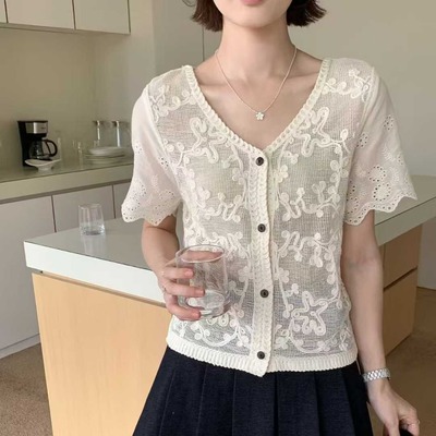 2025夏季新款韩版刺绣花朵V领衬衫女开衫设计感小众外搭短袖上衣