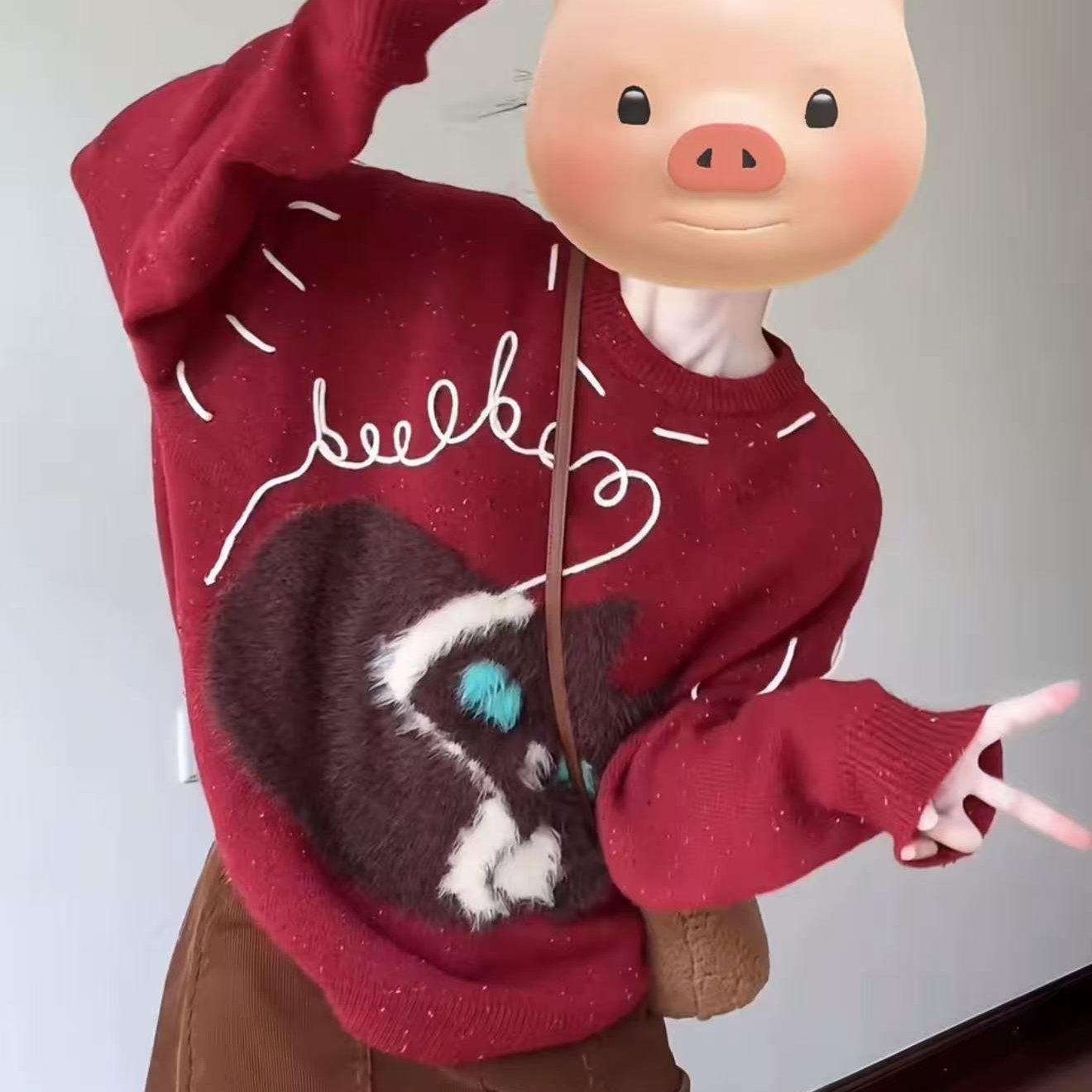 巨好看的早秋穿搭红色长袖毛衣外套女宽松慵懒毛绒小狗针织衫上衣