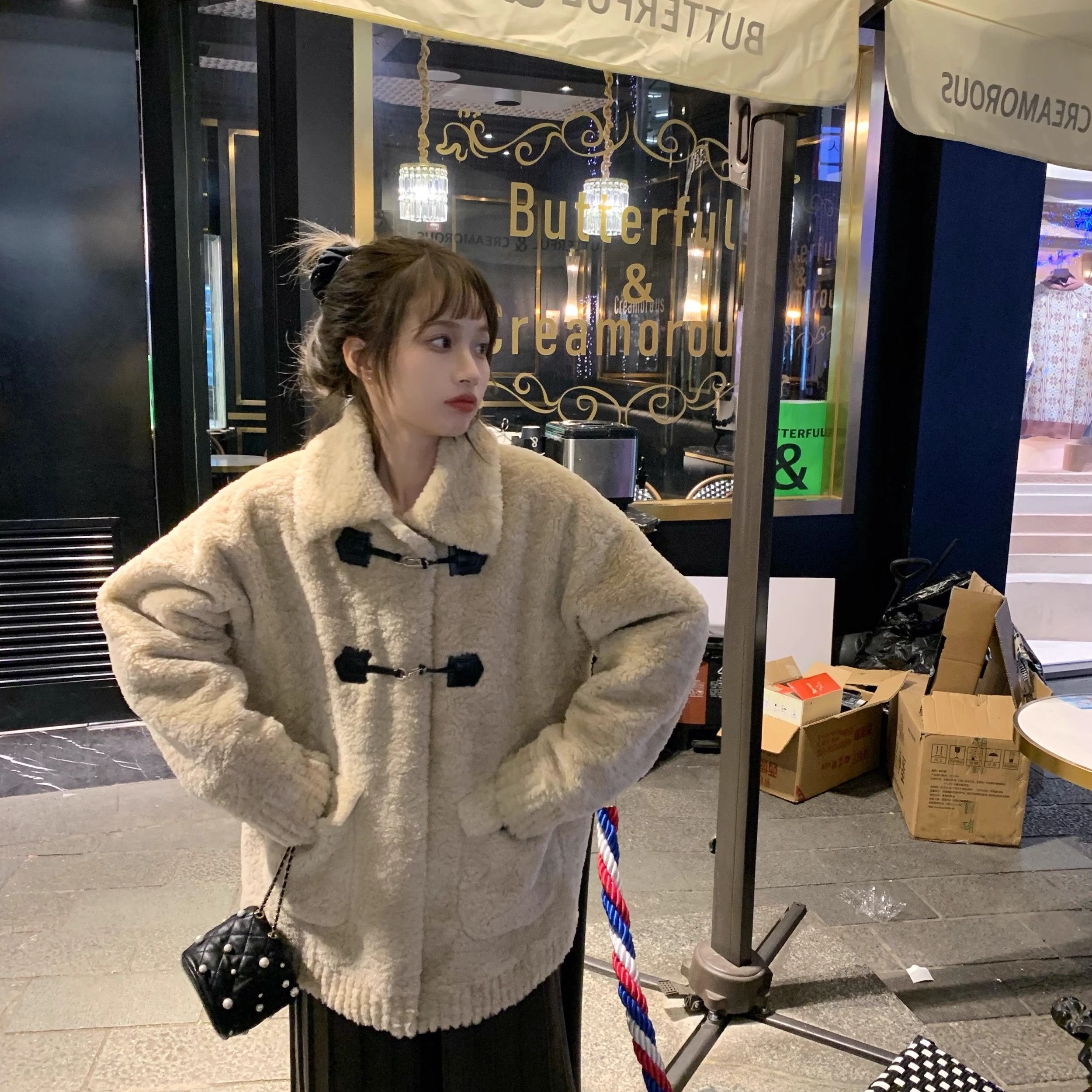 大大很显瘦皮毛一体仿羊羔毛外套女冬季厚可爱甜环保皮草绒大衣