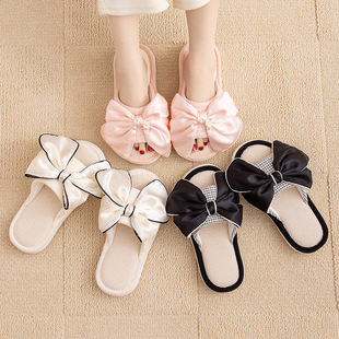 欧美小香风简约布艺棉麻拖鞋 室内凉拖鞋 跨境亚马逊蝴蝶结亚麻拖鞋