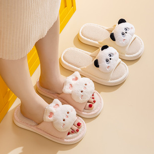 开口可爱居家棉麻拖鞋 女 室内凉拖鞋 跨境亚马逊熊猫兔兔亚麻拖鞋