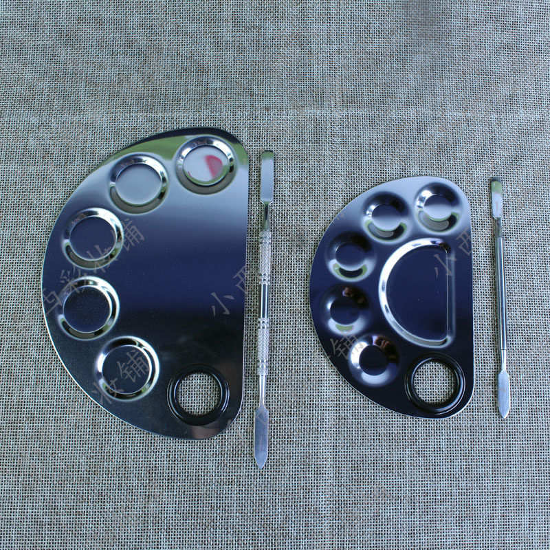 新品化妆工具粉底液调色盘小号大号油彩调色板不锈钢梅花调棒调刀