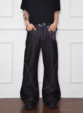 美式cleanfit蛇迹A字原牛窄幅赤耳提花拼接微喇牛仔裤男女阔腿裤