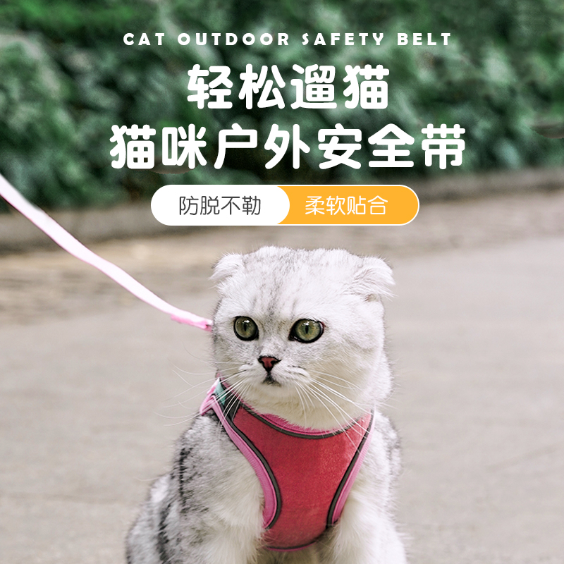 猫咪包裹式牵引绳防挣脱遛猫绳背心式反光胸背带网眼透气宠物用品