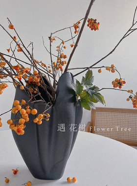 侘寂风简约黑色流韵陶瓷花瓶陶罐客厅摆件插花装饰品样板间软装