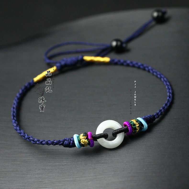 原创设计纯手工精编四股绳脚链翡翠手编款调节纤细款脚饰