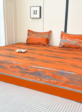 橘色橙色新中式现代榻榻米大炕床盖四季通用防滑定制高端大气床单