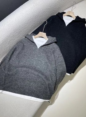 陌格7539新款秋冬男士休闲T恤连帽假两件男款潮牌百搭加绒加厚