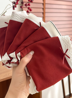 3条 本命年结婚红色内裤女仿羊绒感磨毛温暖舒适中腰包臀纯棉底裆