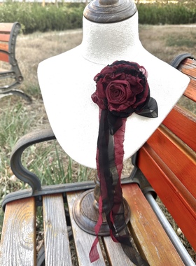 TeNg原创布艺手作干枯玫瑰哥特风lolita胸针 暗红色大花朵长飘带