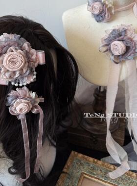 TeNg原创小众设计感复古风发饰玫瑰花朵抓夹/发卡/颈花/胸针/边夹