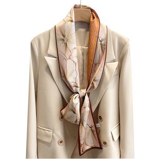 复古港风橙色花卉丝巾小长条女韩版百搭多功能薄款围巾领巾配衬衫