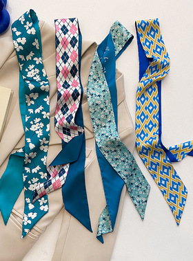 蓝色fafa长条小丝巾女双面飘带发带绑包丝带春秋夏季装饰领巾腰带