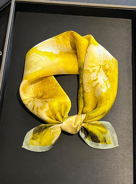 100%真丝桑蚕丝丝巾女春夏百搭黄色花卉印花小方巾装饰领巾送妈妈