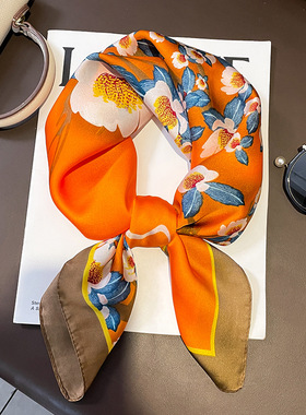 花开橙色小方巾丝巾女韩版百搭文艺发带围巾薄款装饰职业领巾披肩
