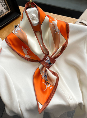 显白橙色长条小丝巾女春夏款交叉带扣懒人围巾装饰职业领巾搭T恤