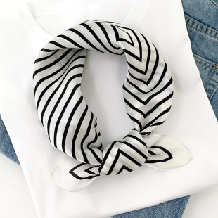 护颈围巾 饰薄款 100%桑蚕丝真丝丝巾小方巾女百搭时尚 条纹OL职业装