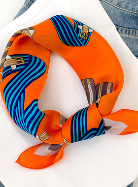 橙色真丝小方巾韩版百搭春秋新款桑蚕丝丝巾法式发带领巾长围巾