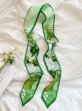 梵高绿色白玫瑰油画丝巾女法式发带长条绑包飘带百搭装饰春夏领巾