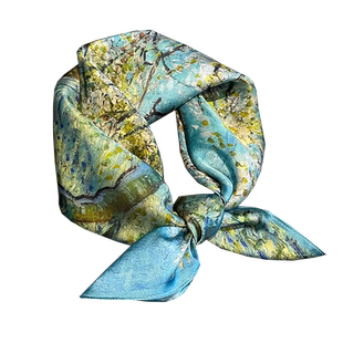 梵高油画盛开桃树真丝小方巾女杭州桑蚕丝丝巾气质百搭领巾围巾薄