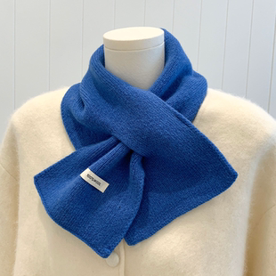 克莱因蓝韩国纯色交叉小围巾女100%羊毛新款秋冬保暖百搭针织围脖