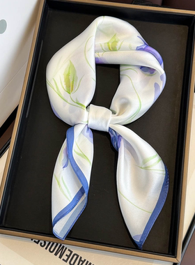 春新款百搭紫色郁金香真丝丝巾65cm方巾100%桑蚕丝围巾女装饰领巾