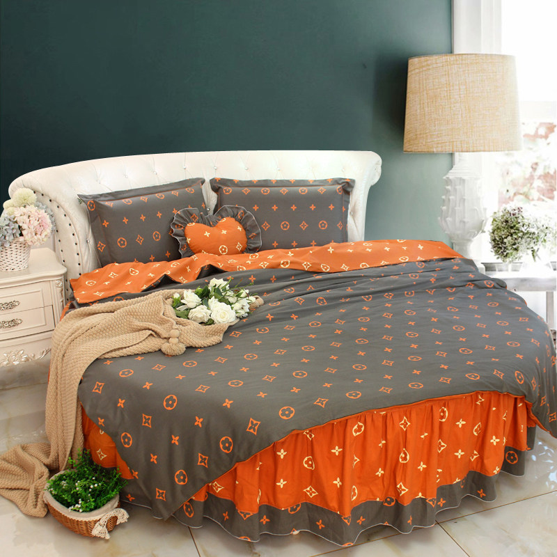 新款深灰色橘色老花纯棉大气简约花型圆床被套圆床单圆床四件套2m